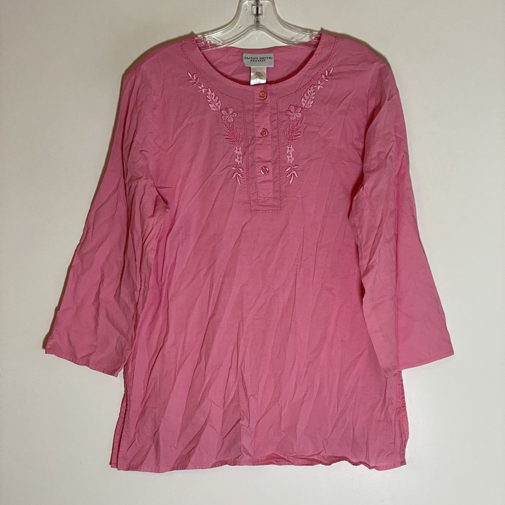 Jaclyn Smith Top Womens Medium Oink Floral Embroidered 3/4 Sleeve Classic Casual